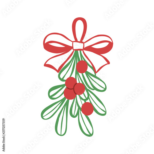 Hand-drawn line art vector illustration of Christmas mistletoe branches with a red bow. Outline clip art for seasonal sticker, winter cards, or holiday print designs. Minimalist botanical drawing.