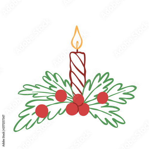Hand-drawn line art illustration of Christmas candle arrangement with spruce branches and red berries. vector outline clip art for seasonal sticker, winter cards, or holiday print designs.