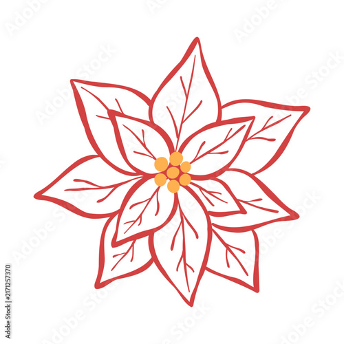 Line art vector illustration of a Poinsettia flower. Hand-drawn outline clip art for seasonal sticker, Christmas cards, or holiday branding. Minimalist botanical drawing.