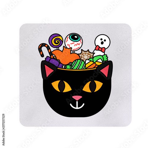 Quadro su tela Halloween Black Cat Bucket Filled with Trick or Treat Candies