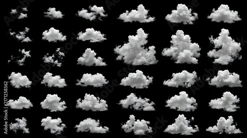 Collection of Fluffy White Clouds Isolated on Black Background for