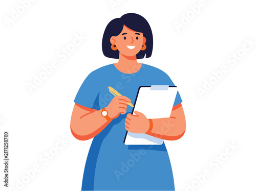 Happy Woman Holding Clipboard and Pen
