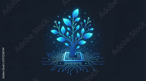 Digital Tree Growing From A Computer Chip Illustration Representing