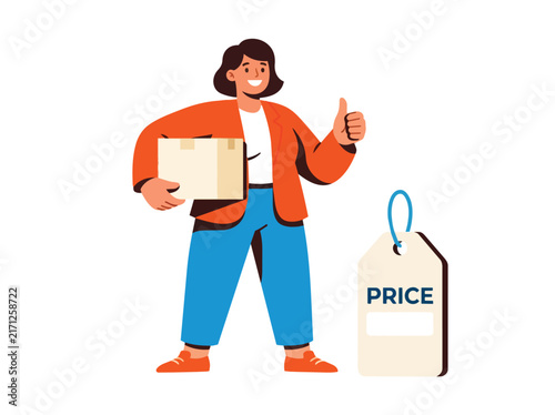 Happy woman holding delivery box with price tag