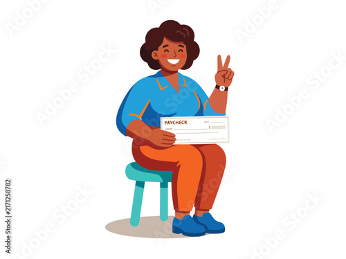 Happy Woman Holding Paycheck Vector Illustration