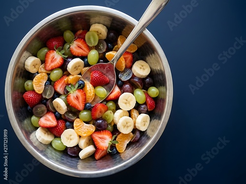 A fresh fruit salad with strawberries bananas and grapes served in a metal bowl on a dark background