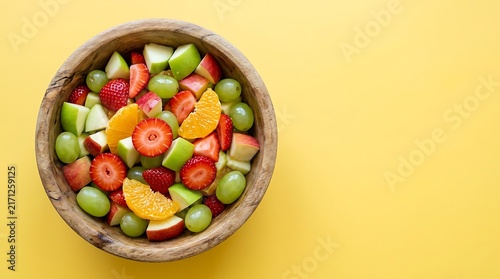 Fresh colorful fruit salad in a wooden bowl isolated on a vibrant yellow background top view