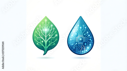 Green Leaf Icon And Blue Water Drop Icon Showing Sustainable