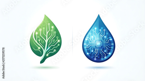 Green Energy Leaf and Blue Water Drop Illustration Representing