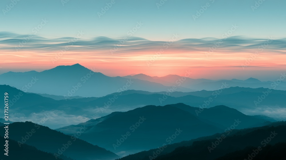 Naklejka premium Layered teal mountain landscape beneath soft wavy clouds in a dreamy gradient sky, featuring smooth atmospheric depth, misty ridges, flowing cloud formations, and a tranquil abstract aesthetic.