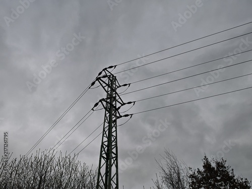 Foto High voltage power pylon rising above trees under a stormy sky