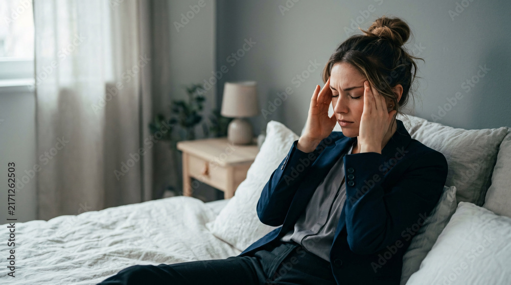 Fototapeta premium Woman in business suit experiencing headache and stress, massaging temples while sitting on a bed, with copy space for stress management and work-life balance concepts