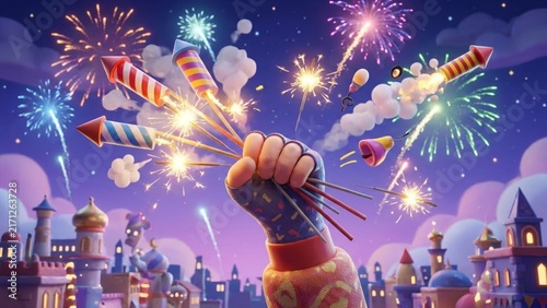 3D Rendered Cartoon Clenched Fist Holding Fireworks and Sparklers Over a Colorful Toy City and Night Sky with Pyrotechnic Displays and Cloud Confetti.