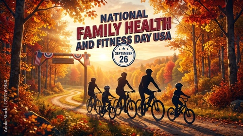 National Family Health and Fitness Day USA, family cycling on autumn trail, active lifestyle during September 26 celebration