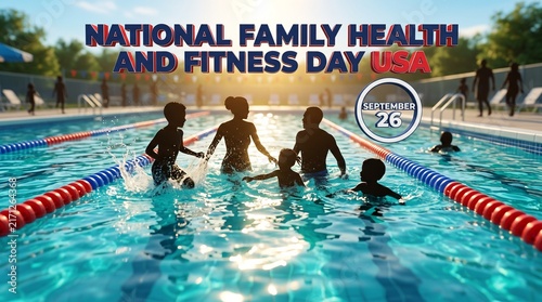 National Family Health and Fitness Day USA, family swimming in outdoor pool, active lifestyle and wellness celebration