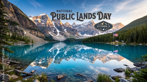 National Public Lands Day landscape, scenic mountain lake with reflection, September 28 celebration banner for environmental conservation