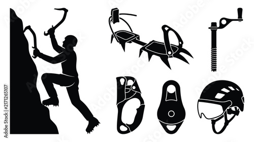 Foto Black silhouettes of mountaineering equipment including a climber on a rock, cra