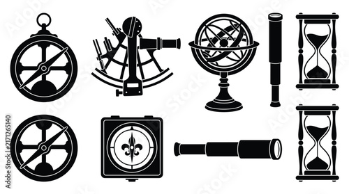 Canvas Print Collection of black silhouettes of vintage navigation and timekeeping instrument