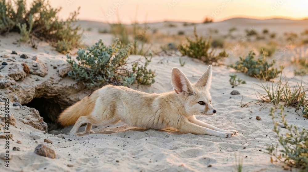 Naklejka premium Fennec Fox in its Desert Habitat: A fennec fox with its characteristic large ears rests near its den entrance in a sand dune landscape during a golden sunset.