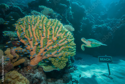 A green sea turtle swimming past a coral reef with a small beach sign underwater