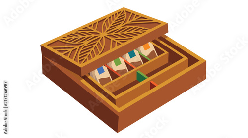 A wooden box with carved leaf patterns containing small tea bags in organized compartments isolated with separate divided sections storage box intricate
