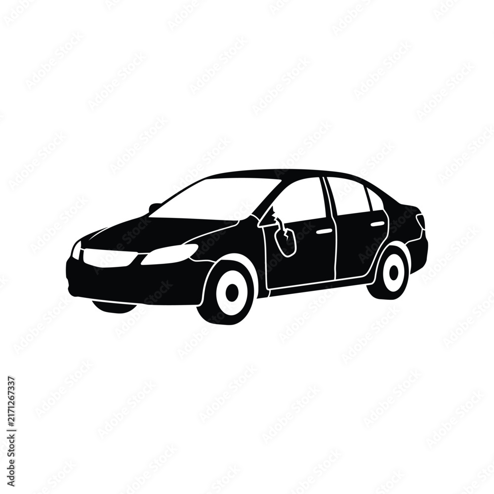 Naklejka premium Black silhouette of a sedan car with a broken side mirror isolated on white background.