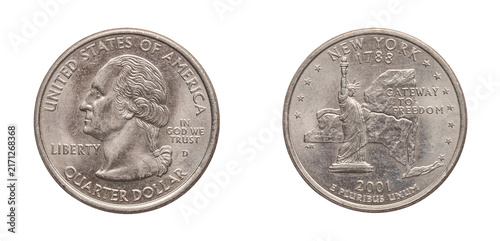 Quarter Dollar coin 2001. png isolated on transparent background.