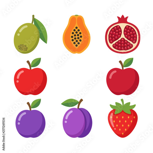 Assortment of Fresh Fruits Collection: Apple, Strawberry, Pomegranate, Papaya, Olive, Plum