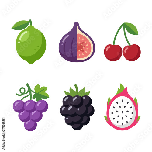 Assortment of Fresh Fruits: Lime, Fig, Cherries, Grapes, Blackberry, Dragon Fruit