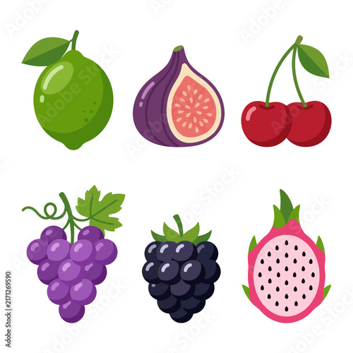 Assortment of Fresh Fruits: Lime, Fig, Cherries, Grapes, Blackberry, Dragon Fruit