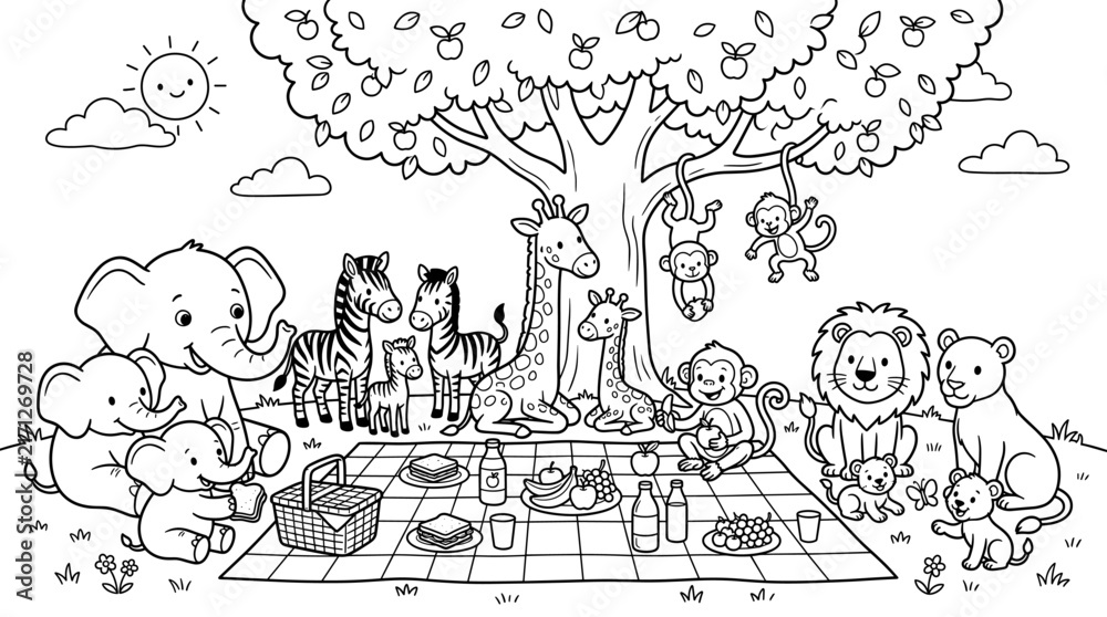 Naklejka premium Cute Animals Having a Picnic Coloring Page