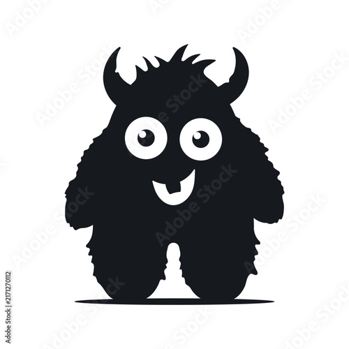 Cute furry monster with horns icon. Black silhouette. Front view. Vector simple flat graphic illustration, hand drawn. Isolated on white background.