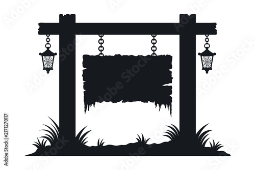A sign board hanging on chains and lanterns. Black silhouette. Front view. Vector simple flat graphic illustration, hand drawn. Isolated on a white background.