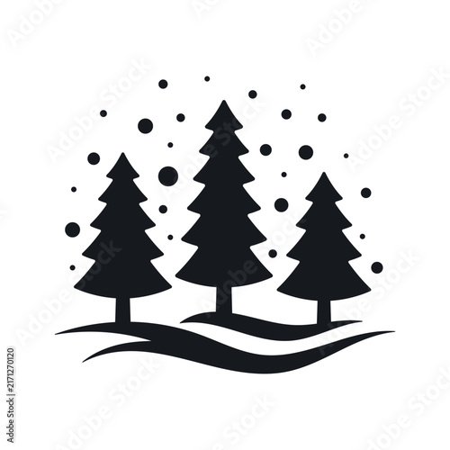 Christmas tree and snowflake icon. Black silhouette. Front and side view. Vector simple flat graphic illustration. Isolated object on a white background.