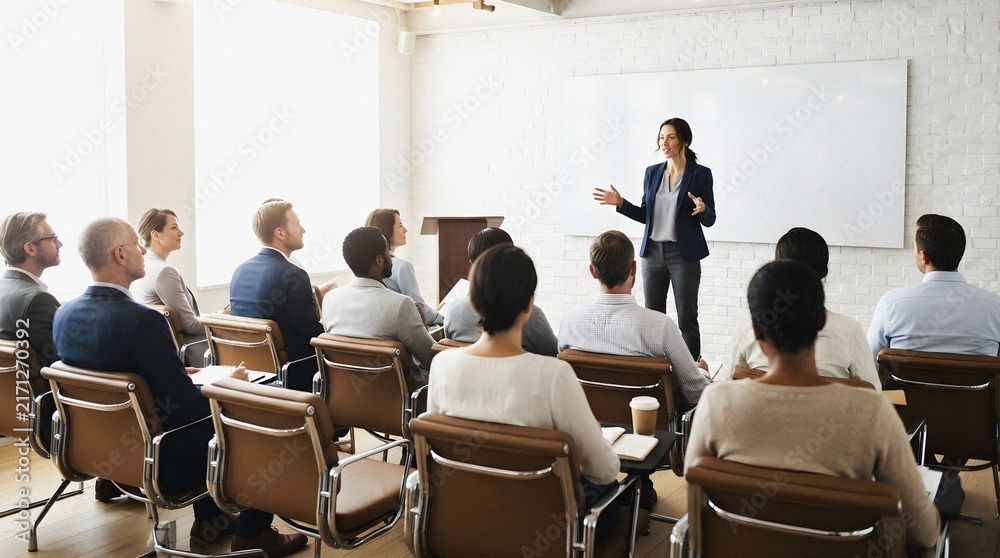 Obraz premium Businesswoman giving a presentation to a diverse audience at a seminar