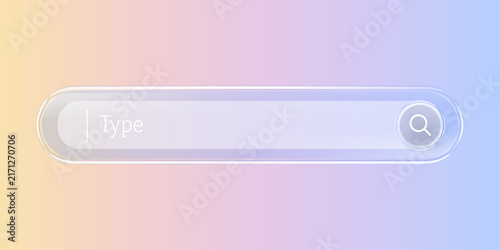 Glass search 3d. Liquid chat Screen ux glass with vector transparent button and search engine.