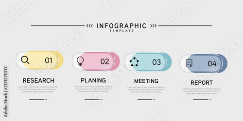 Infographic labels with icons and Neomorphism 4 step. Liquid glass and Banner. Vector illustration.	
