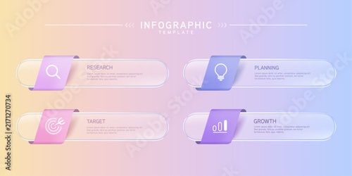 Infographic labels with icons and Neomorphism 4 step. Liquid glass and Banner. Vector illustration.	