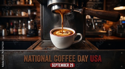 National Coffee Day USA, September 29, Coffee extraction pouring into a white ceramic cup, espresso machine, cafe background, warm lighting, holiday greeting concept, celebration