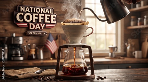 National Coffee Day celebration, brewing fresh coffee in rustic kitchen, hand drip method with steam, date September 29, specialty drink. Hot beverage creation, cozy morning routine