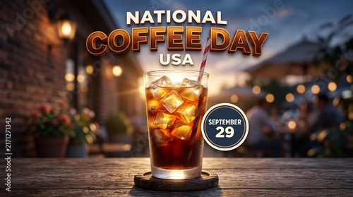 National Coffee Day USA, September 29, Iced Coffee with Straw, Evening Cafe Atmosphere, Background Copy Space, Commercial Beverage Concept