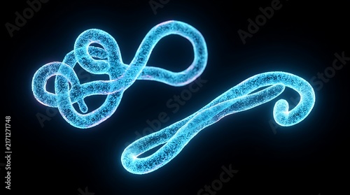 Ebola virus particles visualization glowing blue microscopic structure on black background