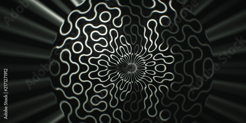 Foto A curved tile maze with lava lamp blobs forms a moody radial pattern, ideal for fintech app onboarding or podcast cover