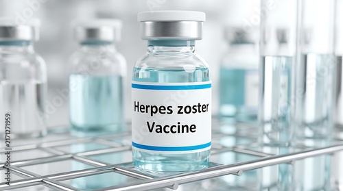 Herpes zoster vaccine vial in a laboratory test rack for medical research and immunization