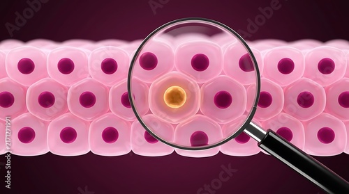 Magnifying glass examining a glowing biological cell in a tissue structure for medical research