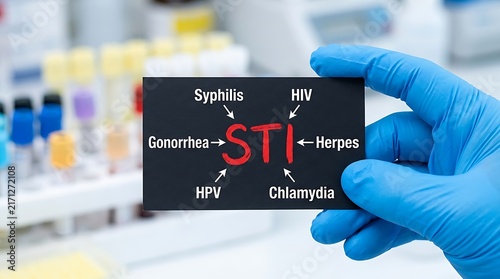 Medical professional holding a card listing common STI types in a laboratory setting