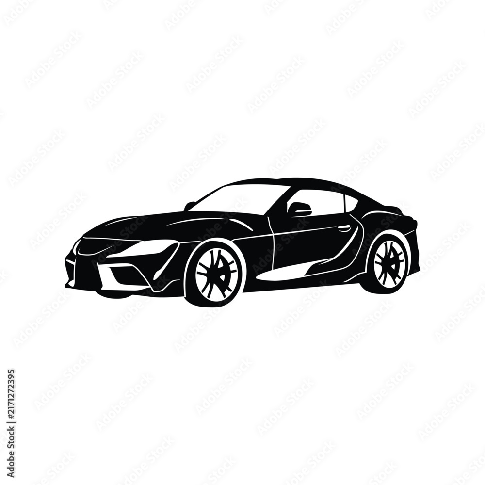 Fototapeta premium Black sports car silhouette vector icon for automotive design and transportation graphics.