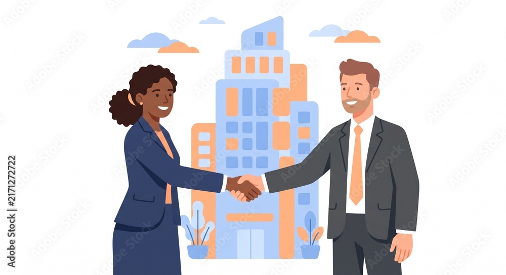 Fototapeta premium Two Business Professionals Shaking Hands in Front of Office