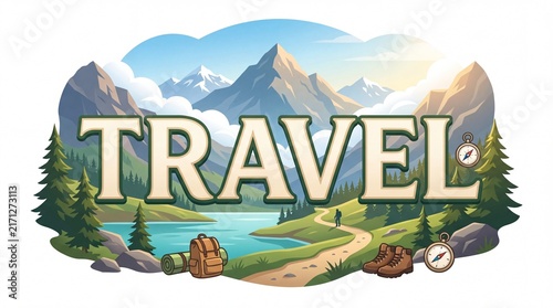Travel typography illustration with mountain landscape and hiking gear