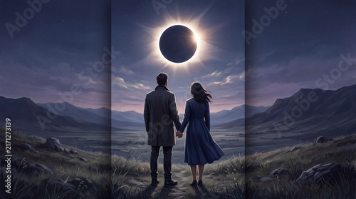 Couple holding hands watching a total solar eclipse in the mountains